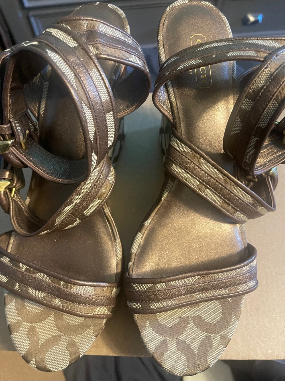 Coach Brown Signature Logo Strappy Heels